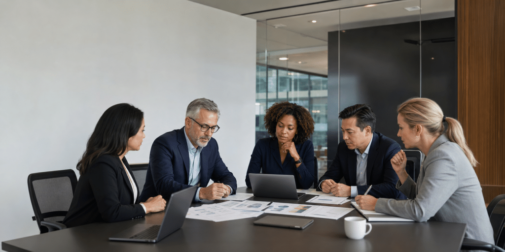 Business leaders reviewing workforce planning data in a corporate conference room