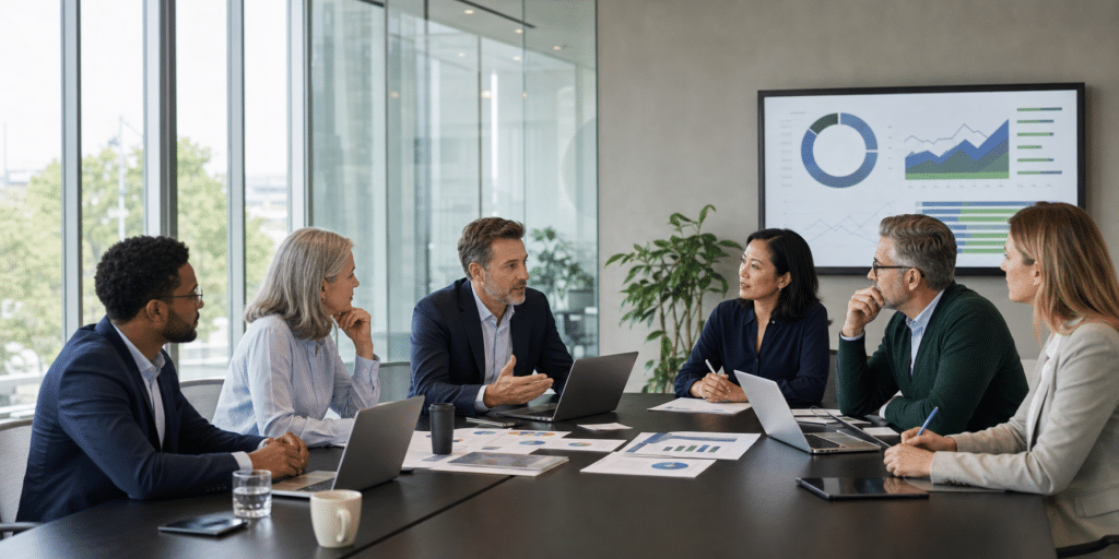 Executive leadership team reviewing workforce strategy in a corporate planning meeting